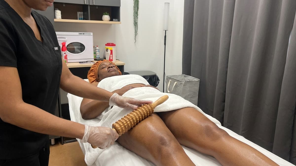 Before and after body transformation images from Wood Therapy at Be You Esthetic Suites.