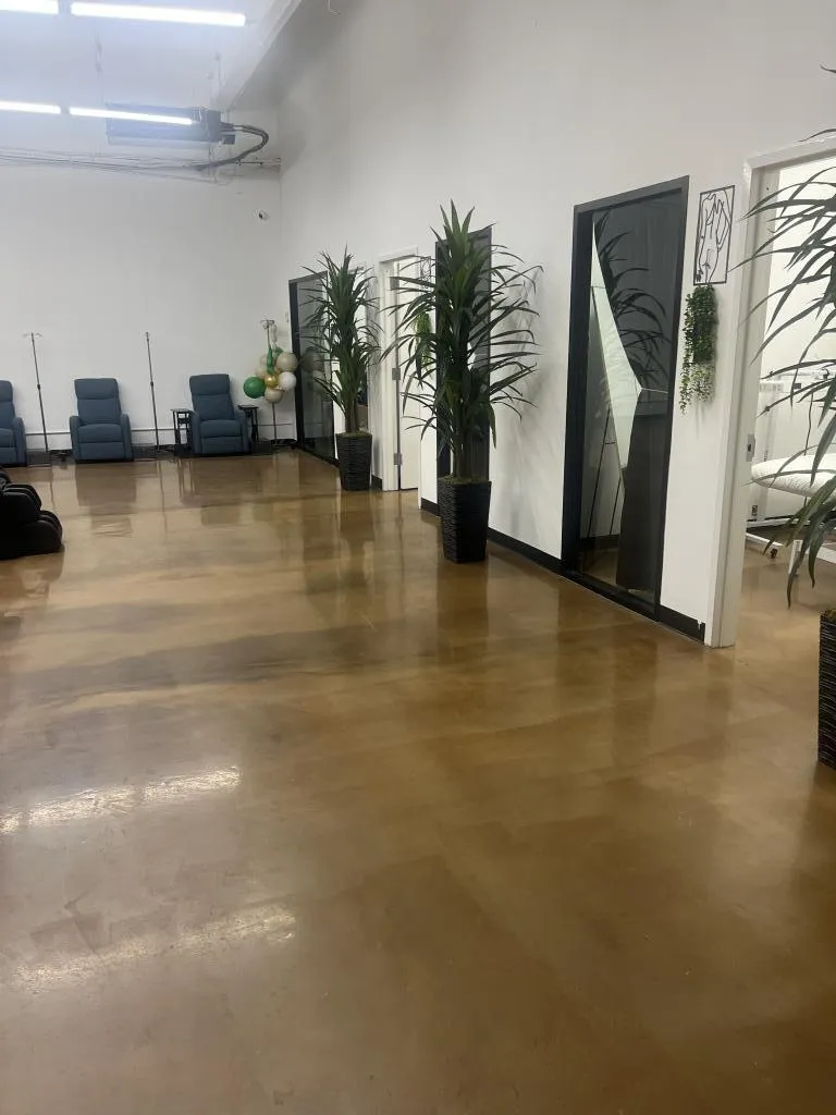 Interior view of Be You Esthetic Suites in Brooklyn, featuring spacious layout with treatment chairs, decorative plants, and private suite entrances.