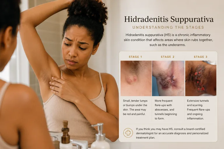 Educational infographic explaining the three stages of hidradenitis suppurativa (HS) in the underarm, from Be You Esthetic Suites in Brooklyn, NY.