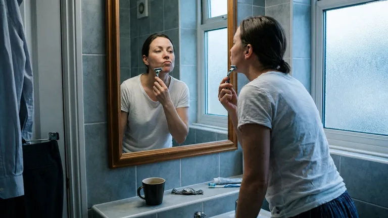 Woman shaving her chin at a bathroom mirror before work as part of a daily PCOS hair routine.